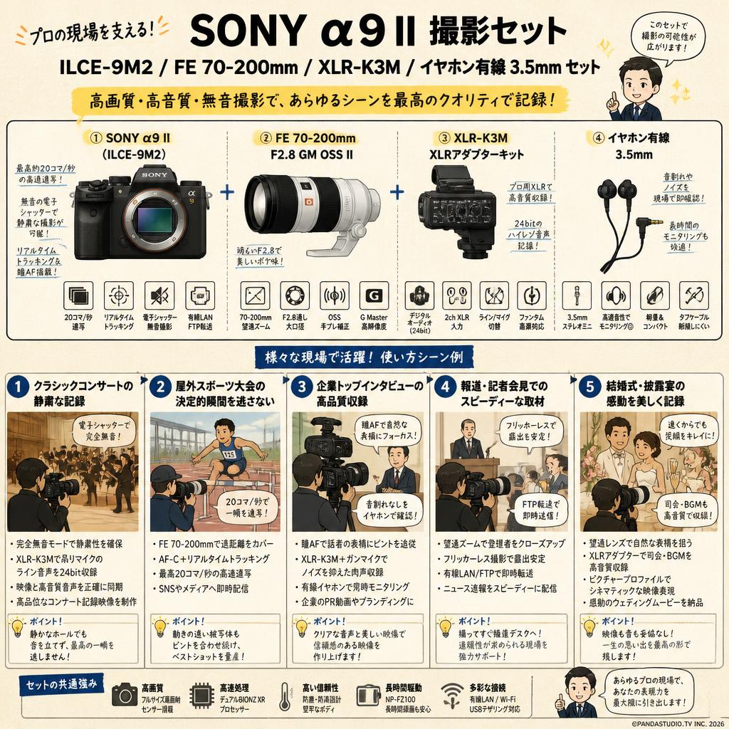SONY α9 II ILCE-9M2 / FE 70-200mm / XLR-K3M / イヤホン有線 3.5mm セット 用途