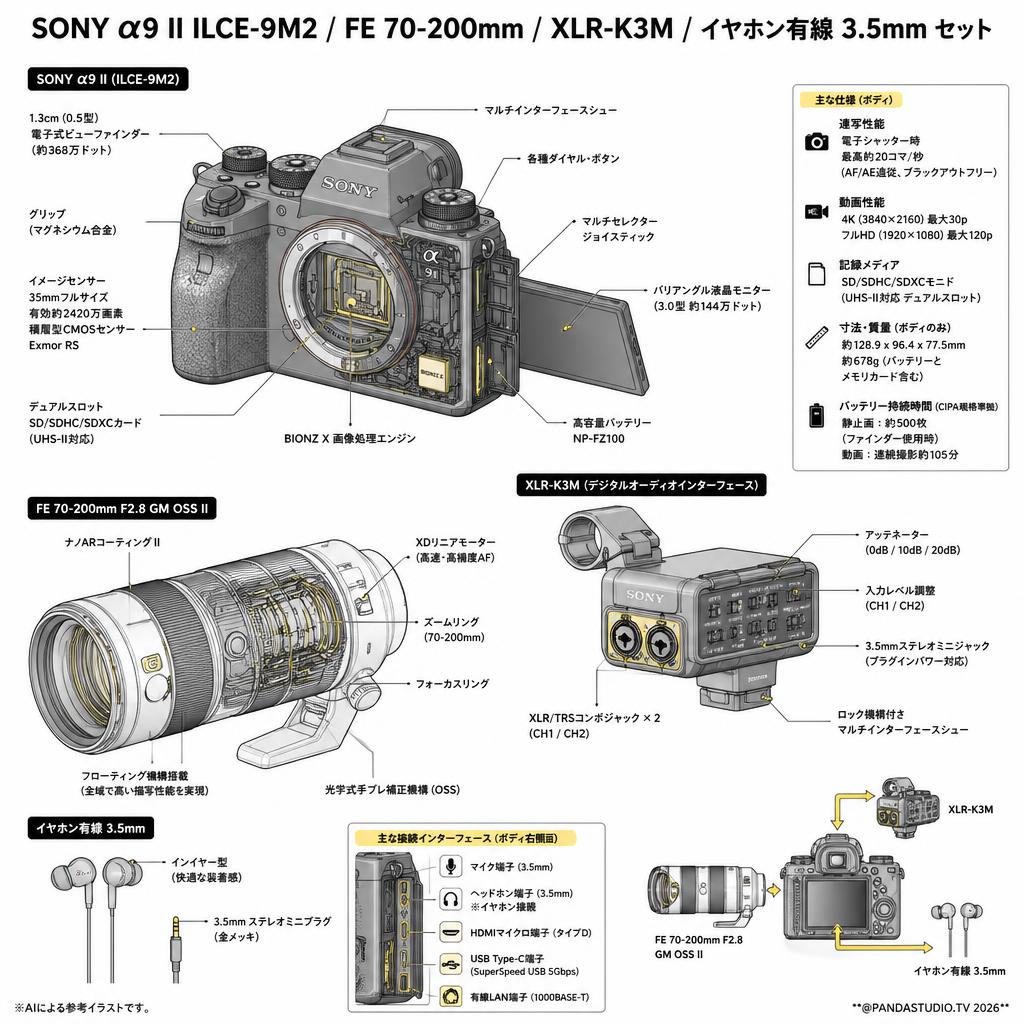 SONY α9 II ILCE-9M2 / FE 70-200mm / XLR-K3M / イヤホン有線 3.5mm セット スペック