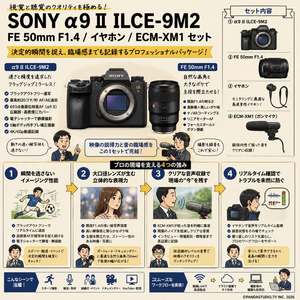 SONY α9 II ILCE-9M2 /  FE 50mm F1.4 / イヤホン / ECM-XM1 セット 概要