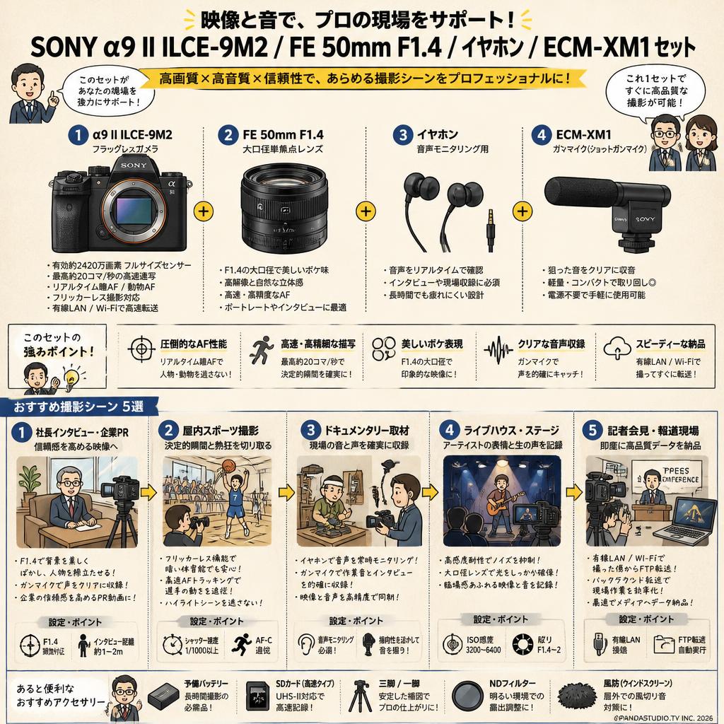 SONY α9 II ILCE-9M2 /  FE 50mm F1.4 / イヤホン / ECM-XM1 セット 用途