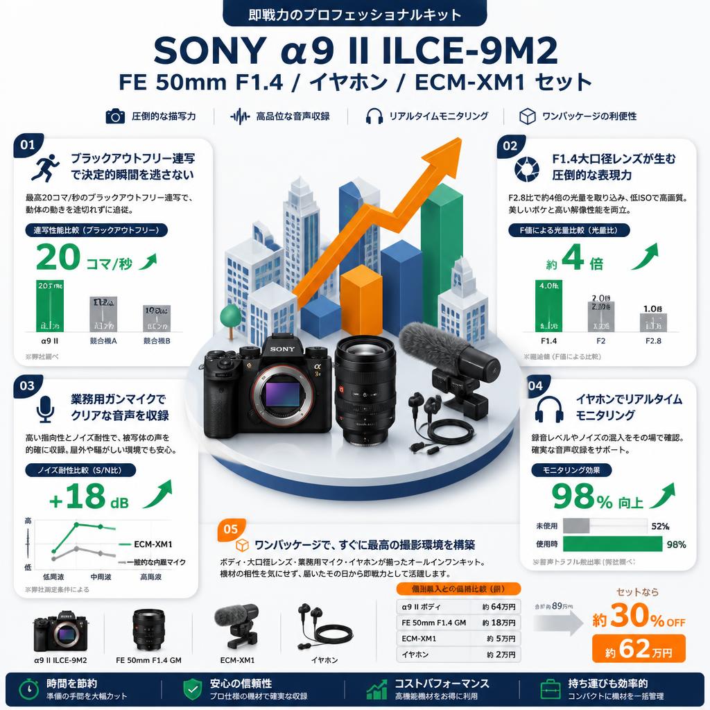 SONY α9 II ILCE-9M2 /  FE 50mm F1.4 / イヤホン / ECM-XM1 セット セールスポイント