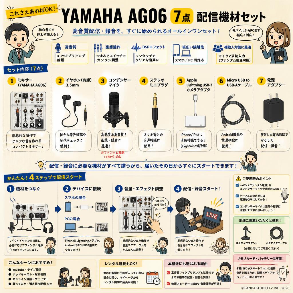 YAMAHA AG06 7点配信機材セット (ミキサー / イヤホン有線 3.5mm / コンデンサーマイク / ステレオミニプラグ / Apple Lightning USB-3 / Micro USB to USB-A / 電源アダプター) FAQ（よくある質問と答え）