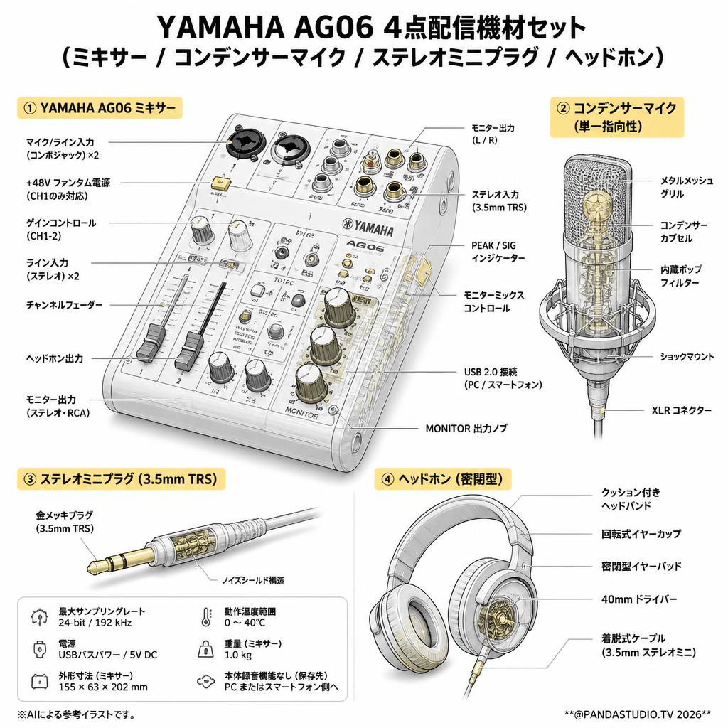 YAMAHA AG06 4点配信機材セット (ミキサー / コンデンサーマイク / ステレオミニプラグ / ヘッドホン) スペック