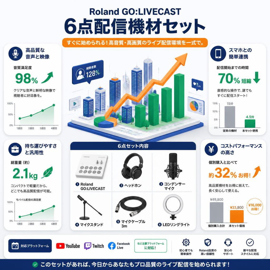 Roland GO:LIVECAST 6点配信機材セット (Roland GO:LIVECAST / ヘッドホン / コンデンサーマイク / マイクスタンド / マイクケーブル3m / LEDリングライト) セールスポイント