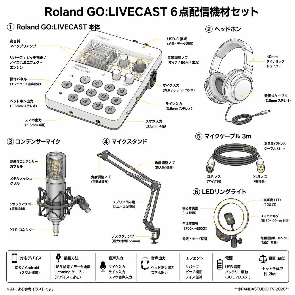 Roland GO:LIVECAST 6点配信機材セット (Roland GO:LIVECAST / ヘッドホン / コンデンサーマイク / マイクスタンド / マイクケーブル3m / LEDリングライト) スペック
