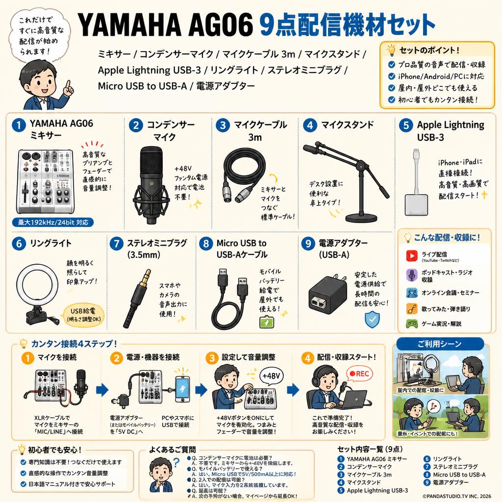 YAMAHA AG06 9点配信機材セット (ミキサー / コンデンサーマイク / マイクケーブル 3m / マイクスタンド / Apple Lightning USB-3 / リングライト / ステレオミニプラグ / Micro USB to USB-A / 電源アダプター) FAQ（よくある質問と答え）