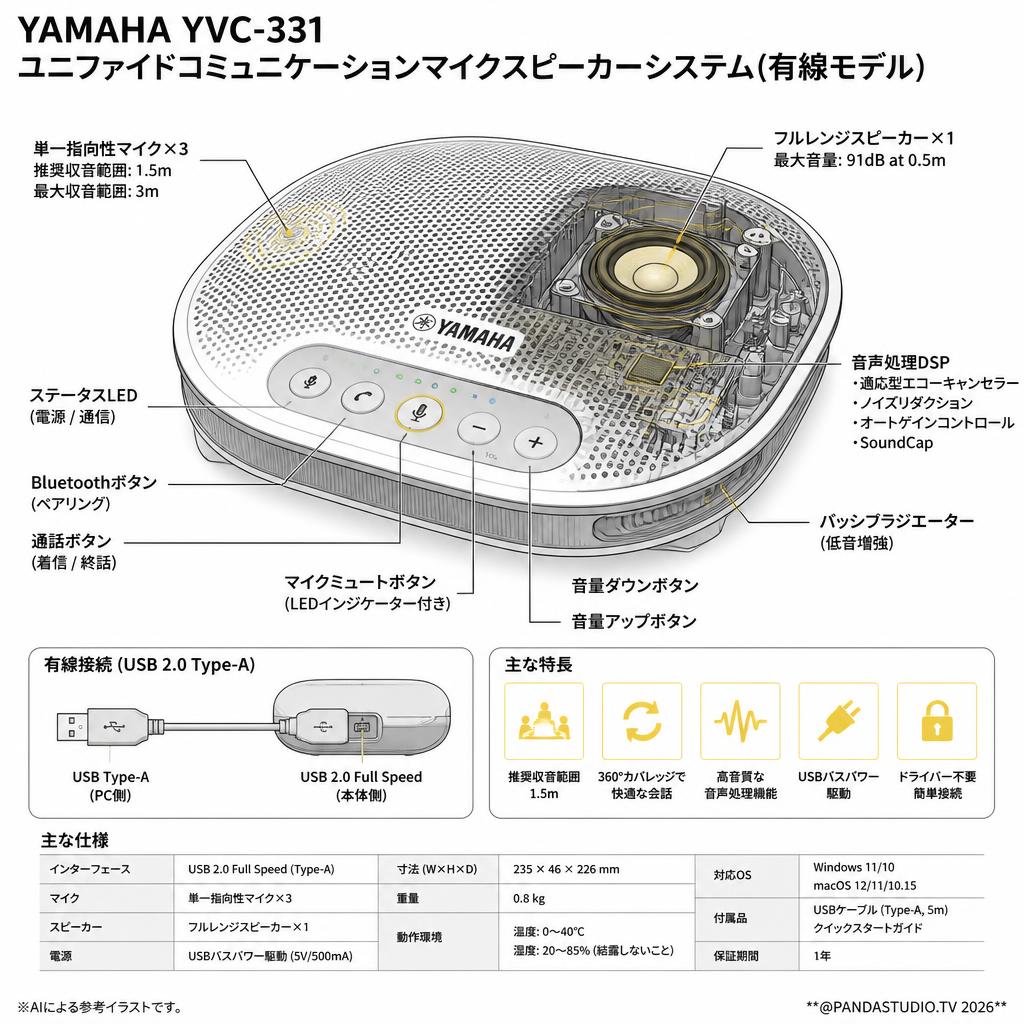 YAMAHA YVC-331 ユニファイドコミュニケーションマイクスピーカーシステム(有線モデル) スペック