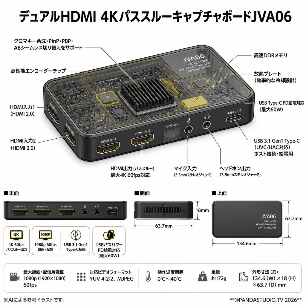 デュアルHDMI 4KパススルーキャプチャボードJVA06 スペック