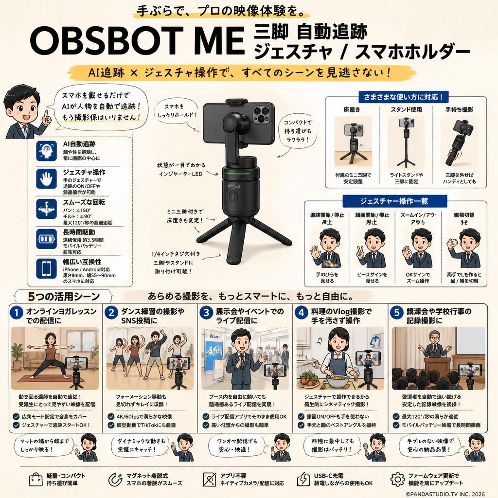 OBSBOT ME 三脚 自動追跡 ジェスチャ / スマホホルダー 用途
