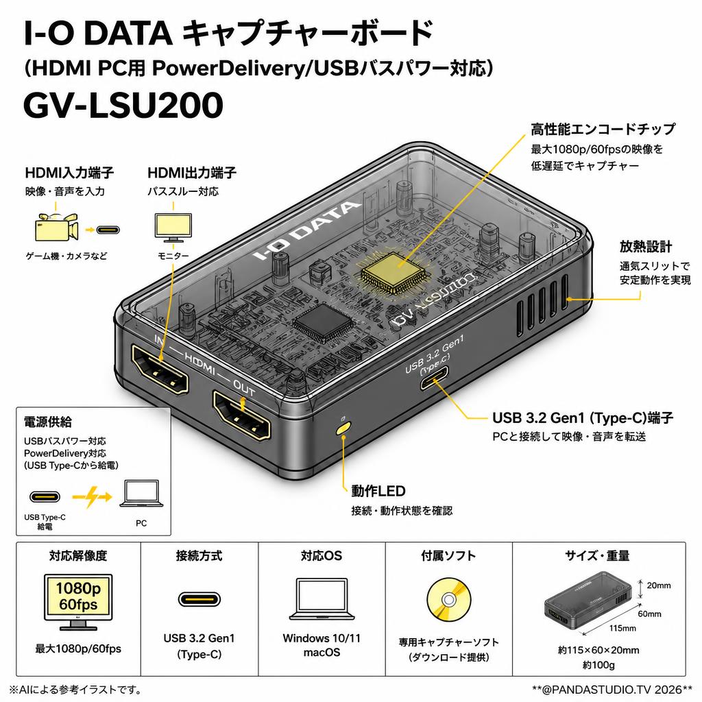 I-O DATA キャプチャーボード (HDMI PC用 PowerDelivery/USBバスパワー対応) GV-LSU200 スペック