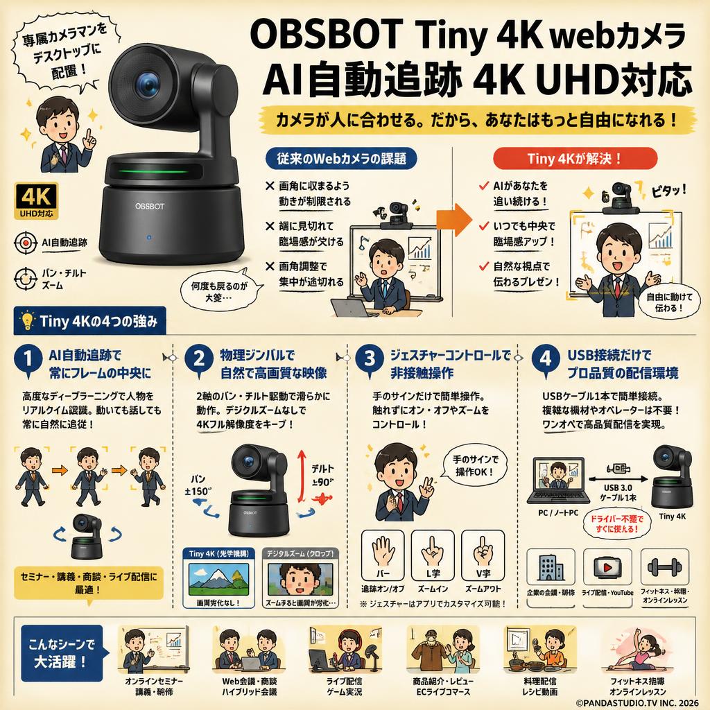 OBSBOT Tiny 4K webカメラ AI自動追跡 4K UHD対応 概要