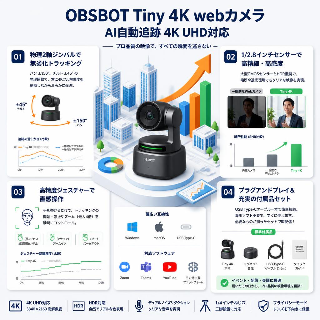 OBSBOT Tiny 4K webカメラ AI自動追跡 4K UHD対応 セールスポイント