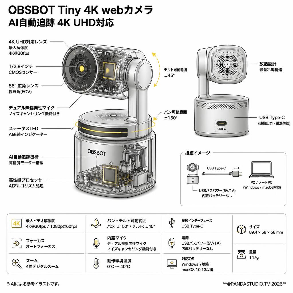 OBSBOT Tiny 4K webカメラ AI自動追跡 4K UHD対応 スペック