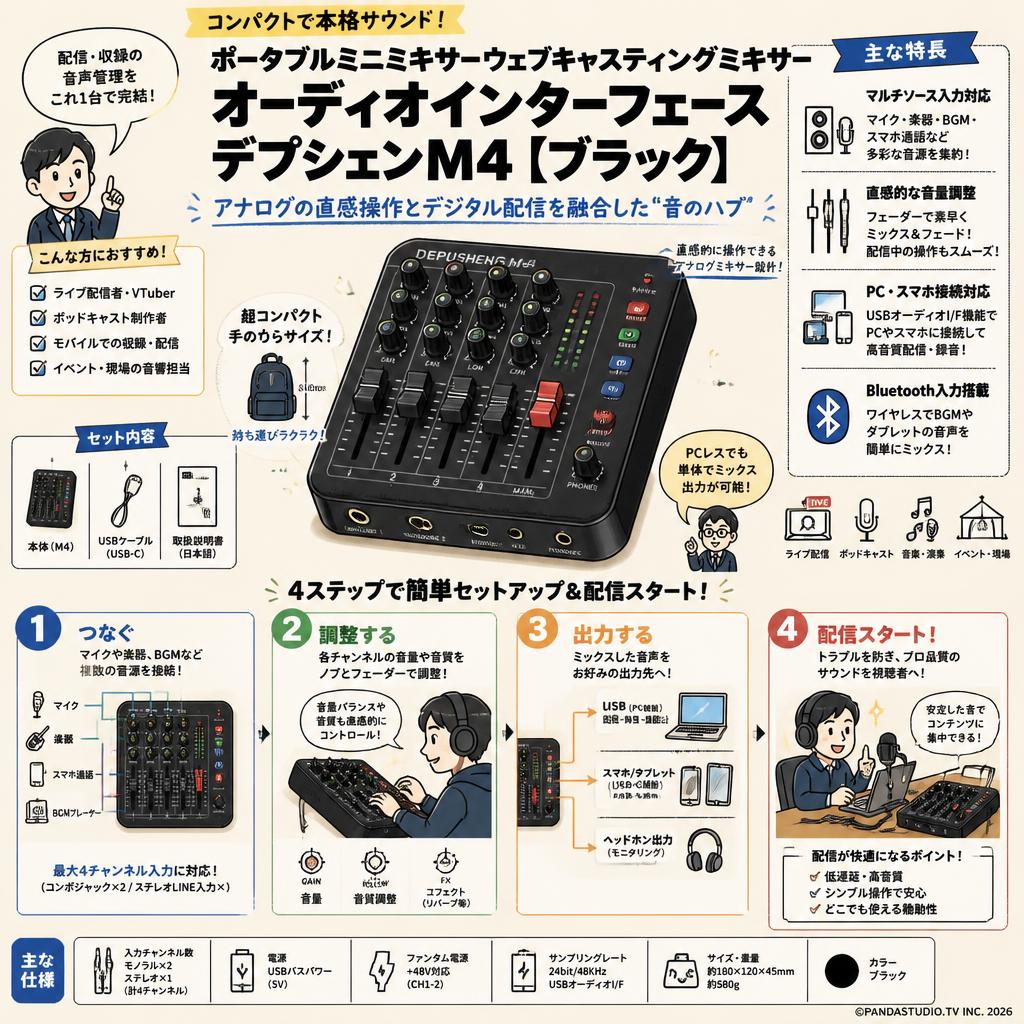 ポータブルミニミキサーウェブキャスティングミキサー オーディオインターフェース デプシェンM4【ブラック】 概要