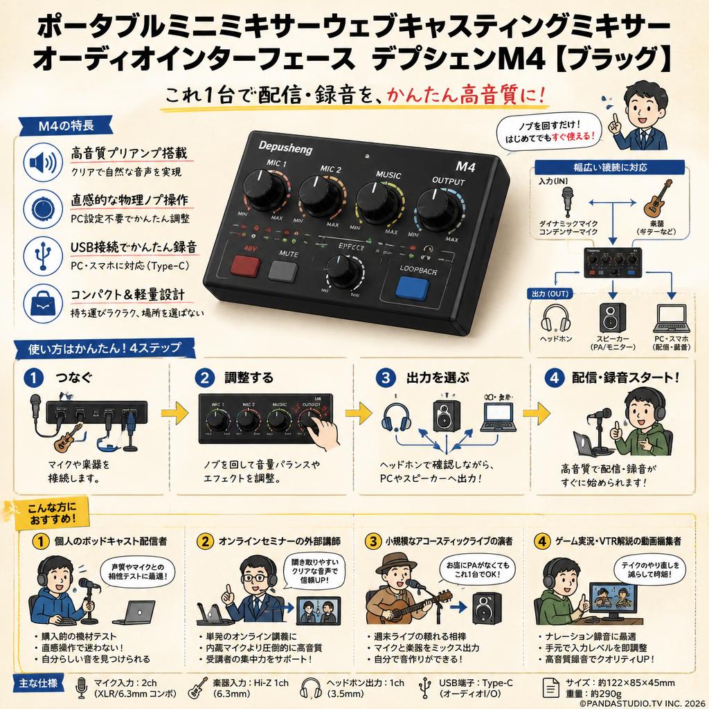 ポータブルミニミキサーウェブキャスティングミキサー オーディオインターフェース デプシェンM4【ブラック】 おもな対象のお客様