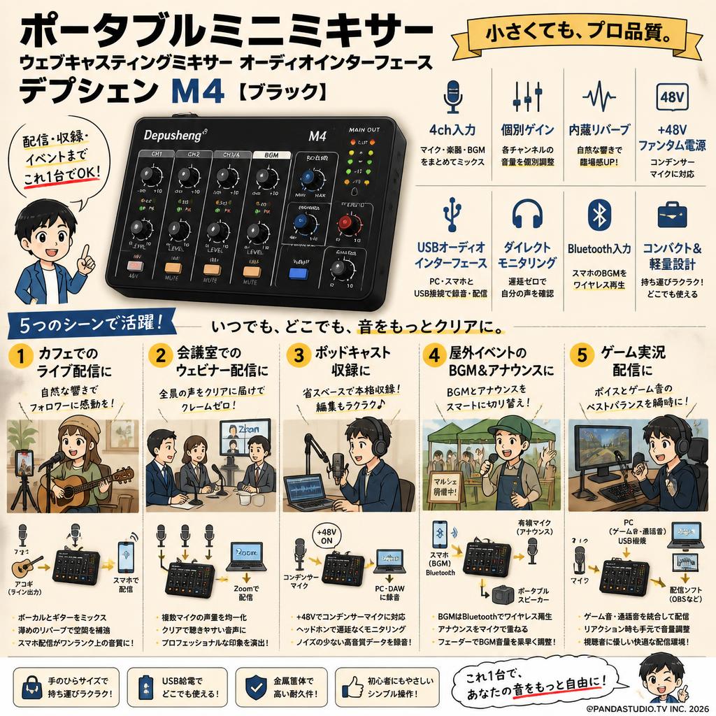ポータブルミニミキサーウェブキャスティングミキサー オーディオインターフェース デプシェンM4【ブラック】 用途