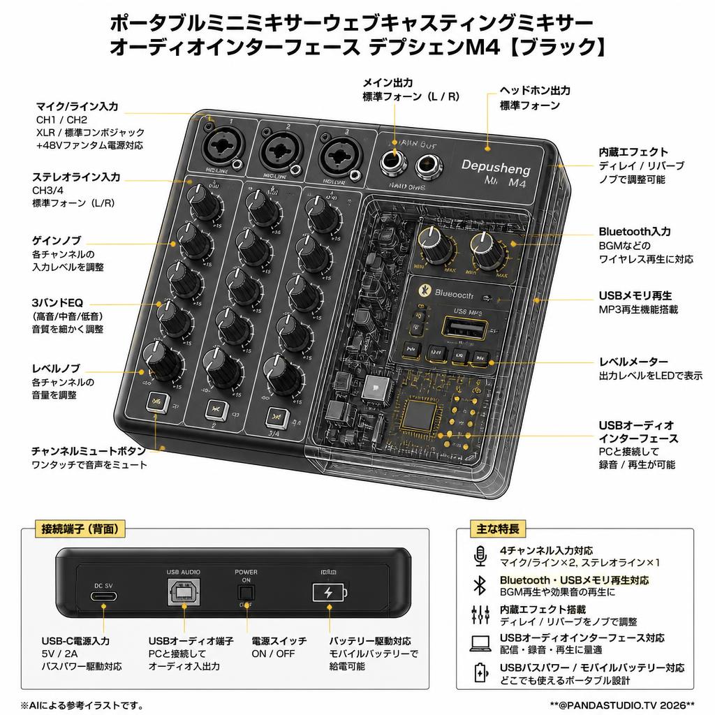 ポータブルミニミキサーウェブキャスティングミキサー オーディオインターフェース デプシェンM4【ブラック】 スペック