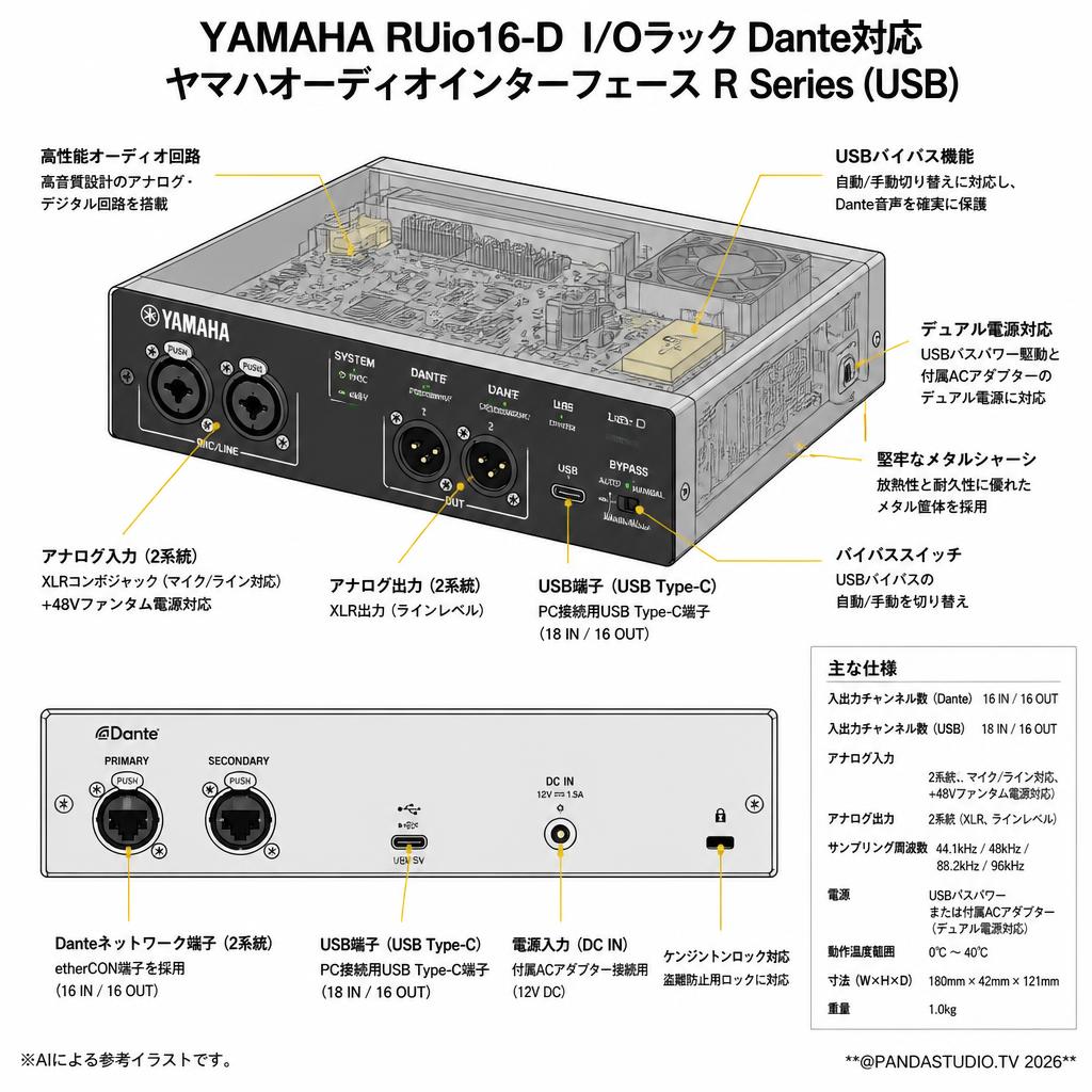 YAMAHA RUio16-D I/Oラック Dante対応 ヤマハオーディオインターフェース R Series (USB) スペック