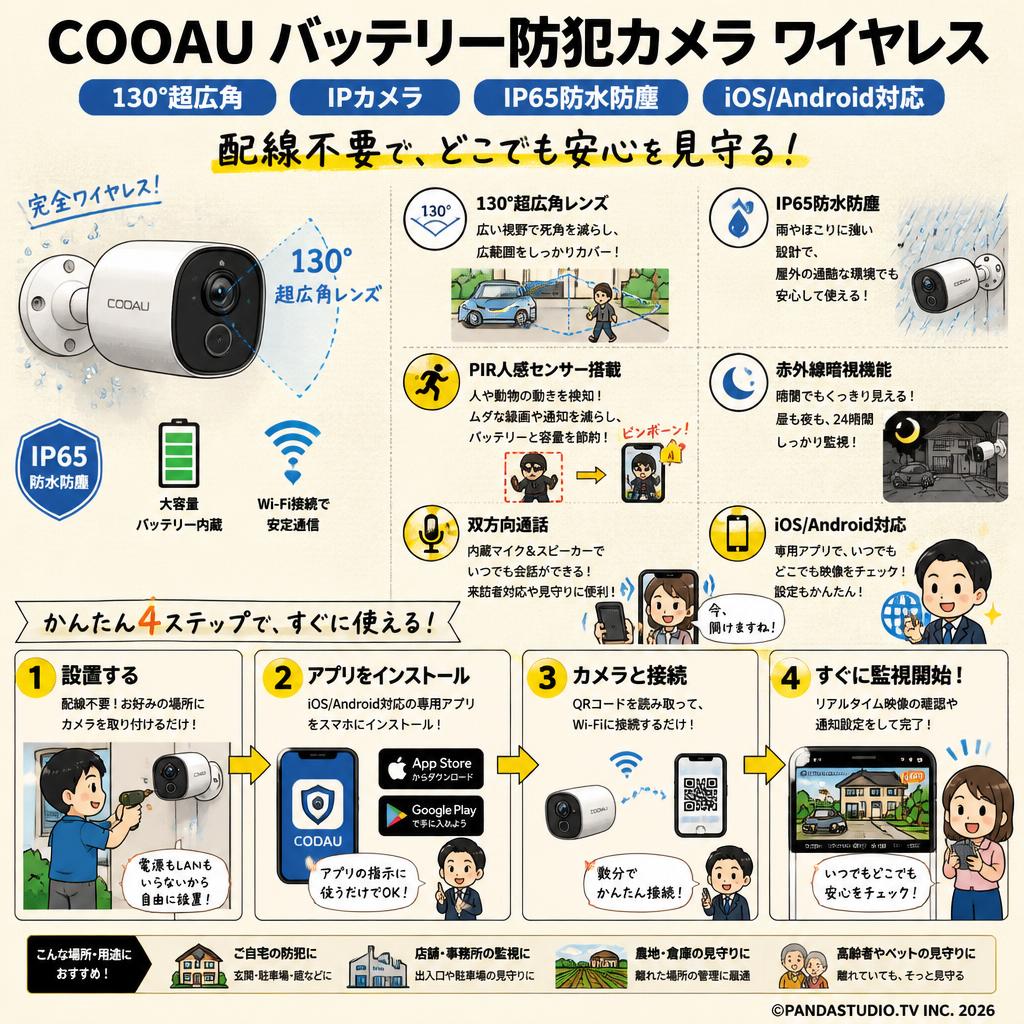 COOAU バッテリー防犯カメラ ワイヤレス 130°超広角 IPカメラ IP65防水防塵 iOS/Android対応 概要