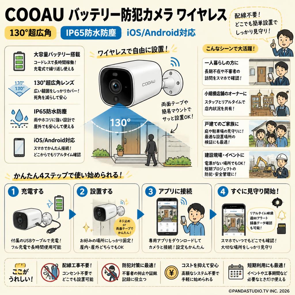 COOAU バッテリー防犯カメラ ワイヤレス 130°超広角 IPカメラ IP65防水防塵 iOS/Android対応 おもな対象のお客様