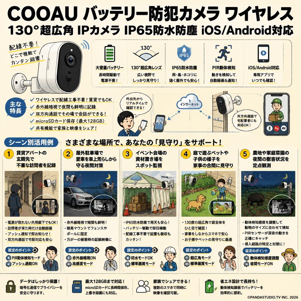 COOAU バッテリー防犯カメラ ワイヤレス 130°超広角 IPカメラ IP65防水防塵 iOS/Android対応 用途