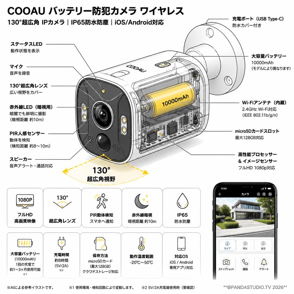 COOAU バッテリー防犯カメラ ワイヤレス 130°超広角 IPカメラ IP65防水防塵 iOS/Android対応 スペック