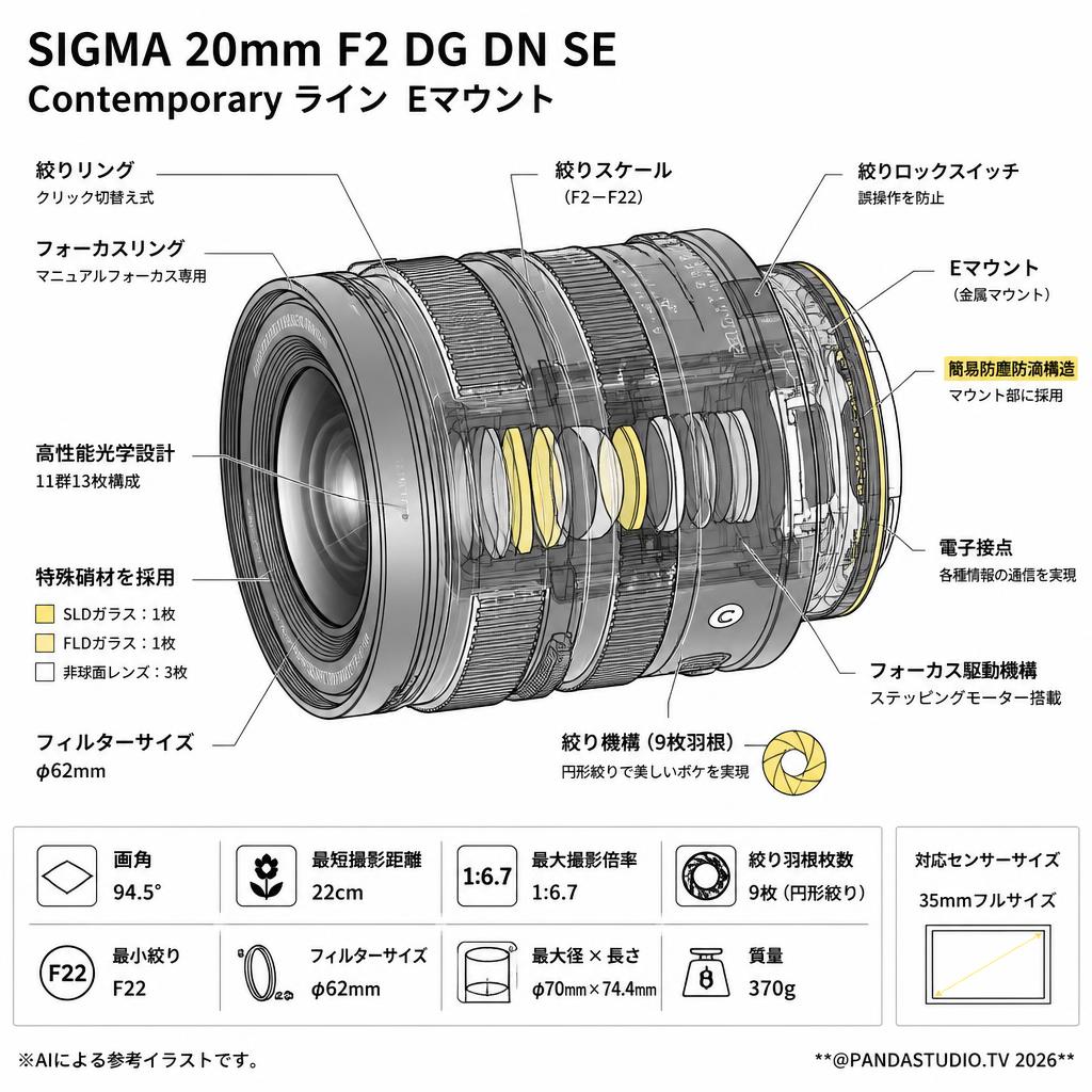 SIGMA 20mm F2 DG DN SE Contemporary ライン  Eマウント スペック