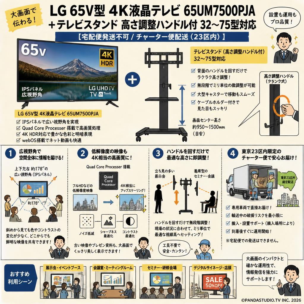 LG 65V型 4K液晶テレビ 65UM7500PJA＋テレビスタンド 高さ調整ハンドル付 32～75型対応【宅配便発送不可/チャーター便配送（23区内）】 概要