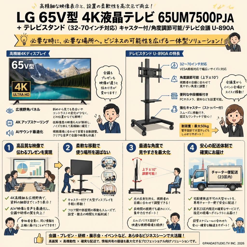 LG 65V型 4K液晶テレビ 65UM7500PJA＋テレビスタンド（32-70インチ対応）キャスター付/角度調節可能/テレビ会議 U-890A【宅配便発送不可/チャーター便配送（23区内）】 概要