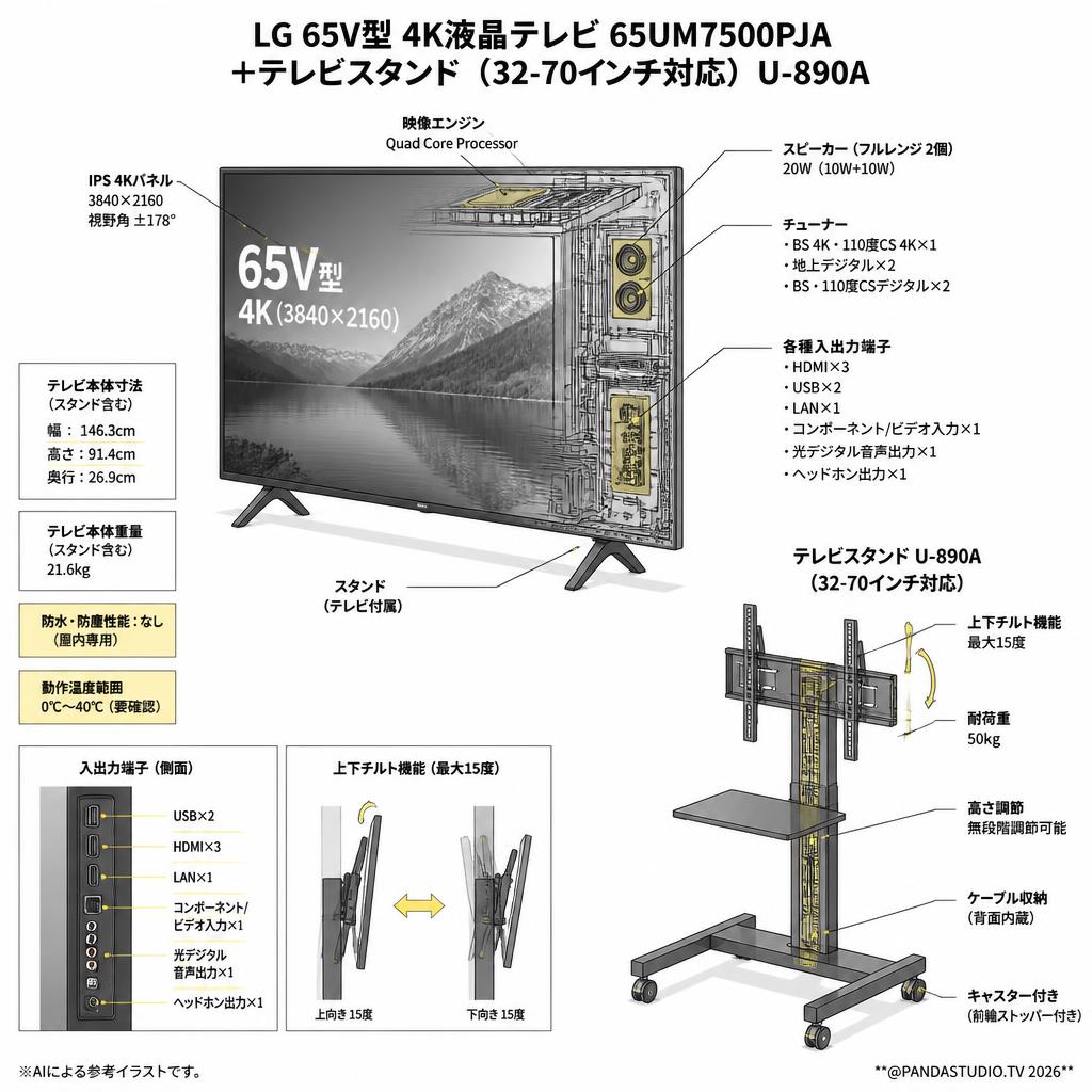 LG 65V型 4K液晶テレビ 65UM7500PJA＋テレビスタンド（32-70インチ対応）キャスター付/角度調節可能/テレビ会議 U-890A【宅配便発送不可/チャーター便配送（23区内）】 スペック