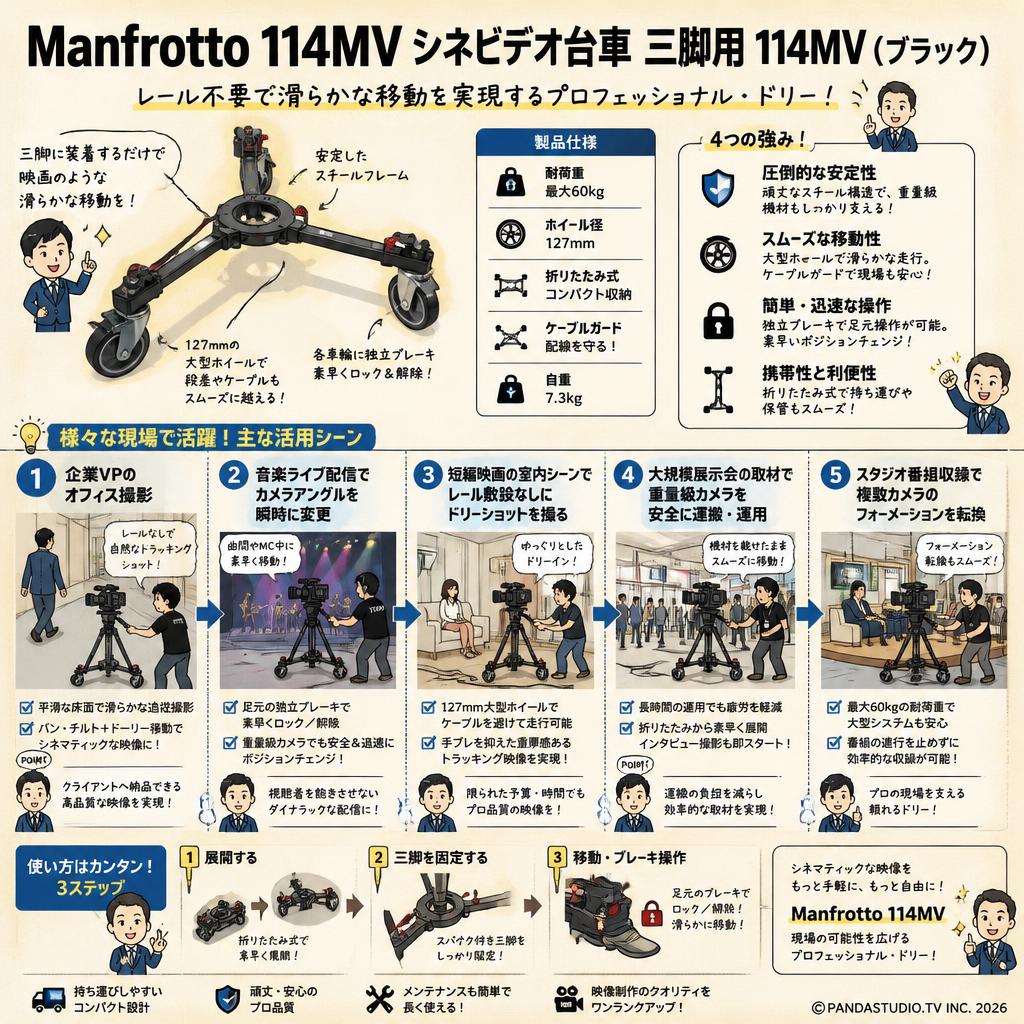 Manfrotto114MVシネビデオ台車  三脚用 114MV (ブラック ) 用途