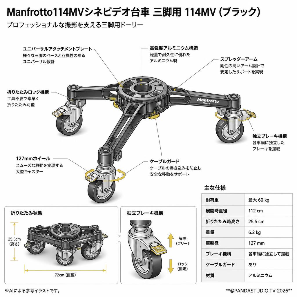 Manfrotto114MVシネビデオ台車  三脚用 114MV (ブラック ) スペック