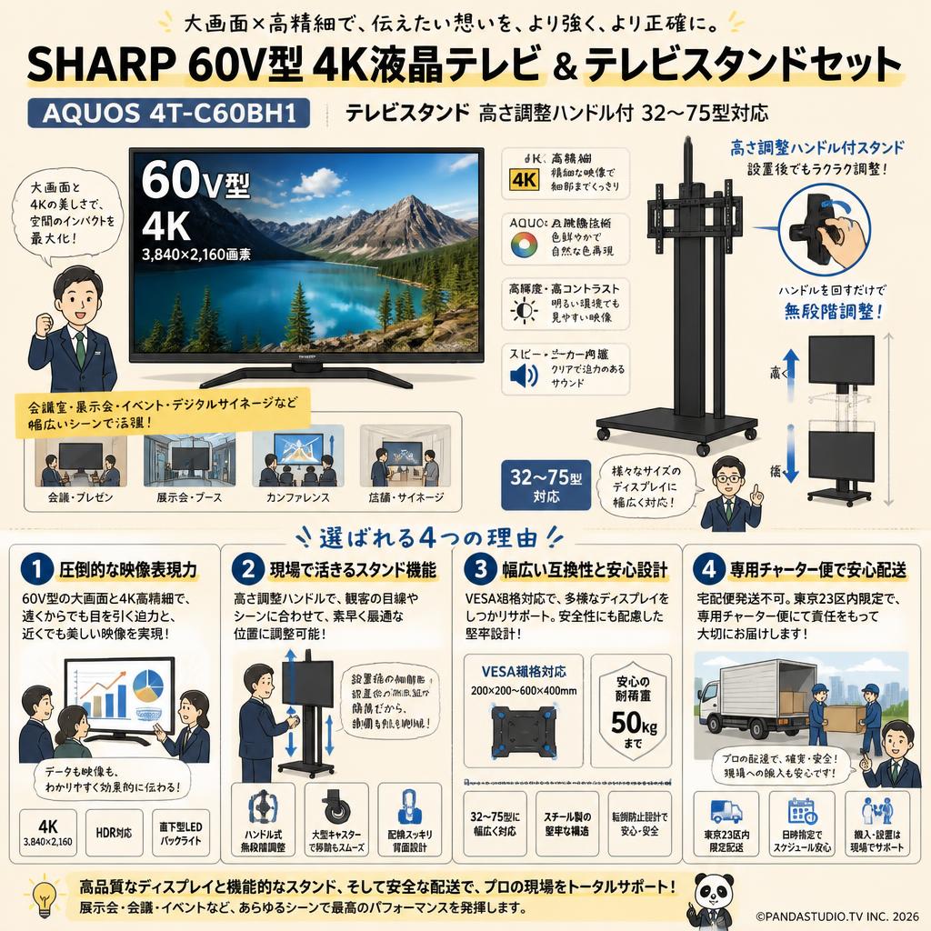 SHARP 60V型 4K液晶テレビ AQUOS 4T-C60BH1 / テレビスタンド 高さ調整ハンドル付 32～75型対応 【宅配便発送不可/チャーター便配送（23区内）】 概要
