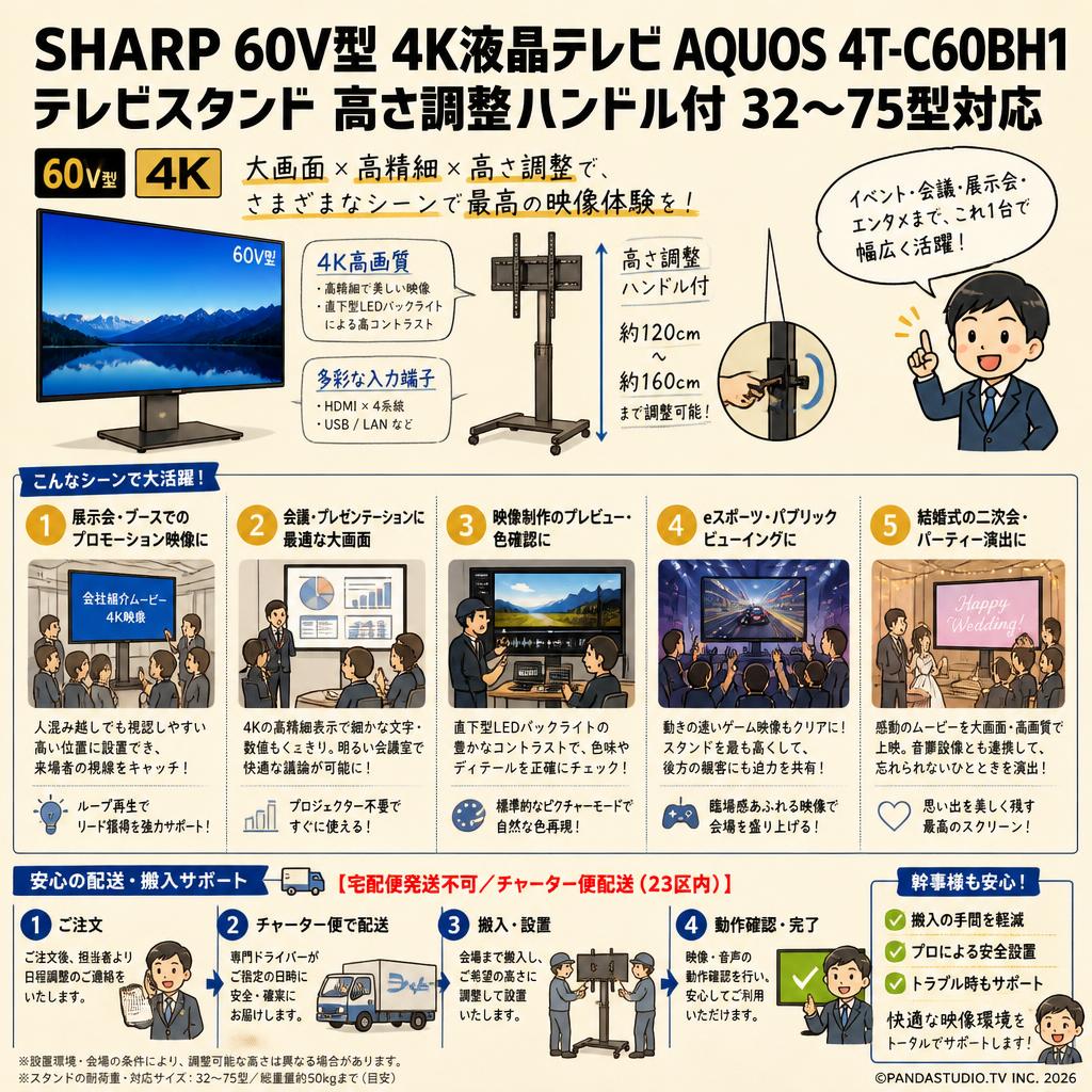 SHARP 60V型 4K液晶テレビ AQUOS 4T-C60BH1 / テレビスタンド 高さ調整ハンドル付 32～75型対応 【宅配便発送不可/チャーター便配送（23区内）】 用途