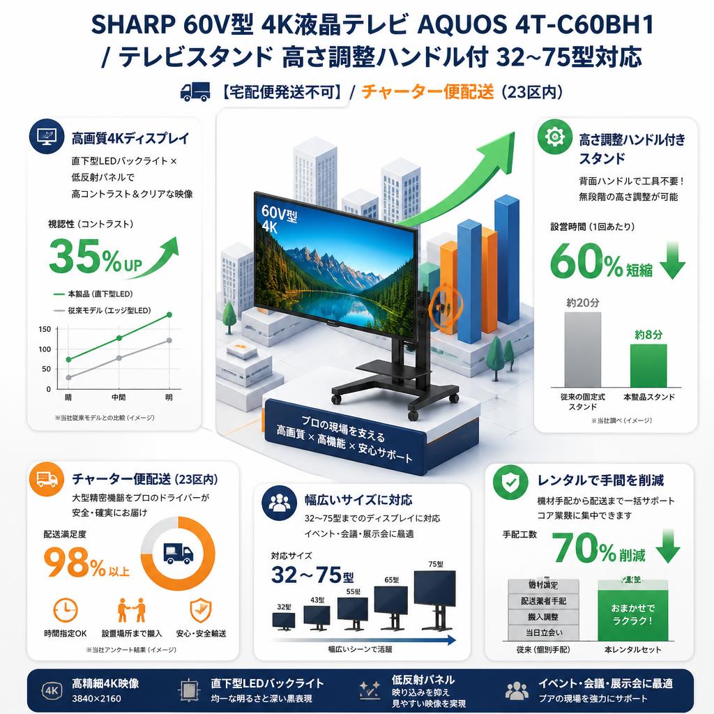 SHARP 60V型 4K液晶テレビ AQUOS 4T-C60BH1 / テレビスタンド 高さ調整ハンドル付 32～75型対応 【宅配便発送不可/チャーター便配送（23区内）】 セールスポイント