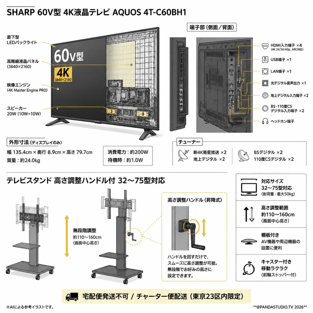 SHARP 60V型 4K液晶テレビ AQUOS 4T-C60BH1 / テレビスタンド 高さ調整ハンドル付 32～75型対応 【宅配便発送不可/チャーター便配送（23区内）】 スペック