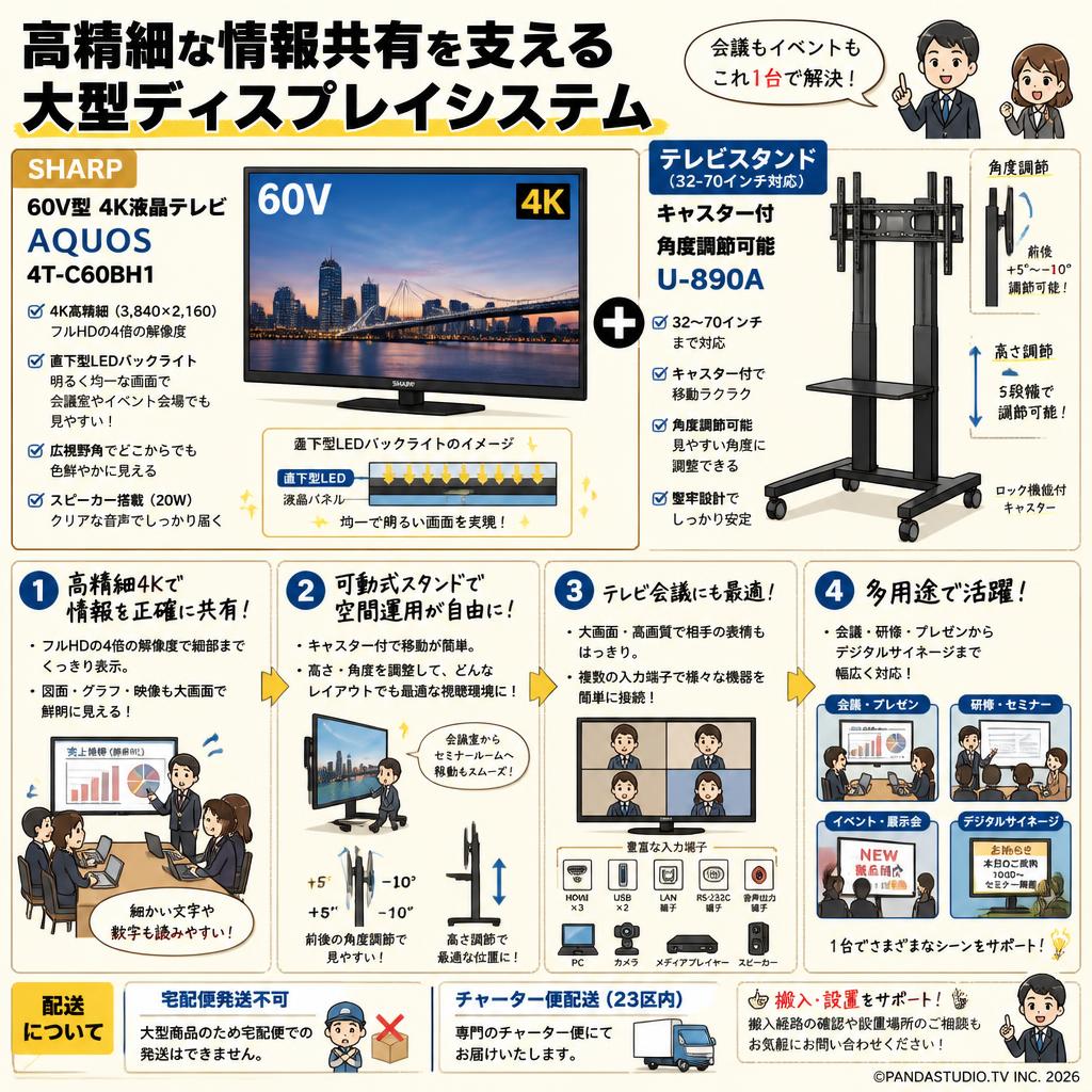 SHARP 60V型 4K液晶テレビ AQUOS 4T-C60BH1 /  テレビスタンド（32-70インチ対応）キャスター付/角度調節可能/テレビ会議 U-890A【宅配便発送不可/チャーター便配送（23区内）】 概要