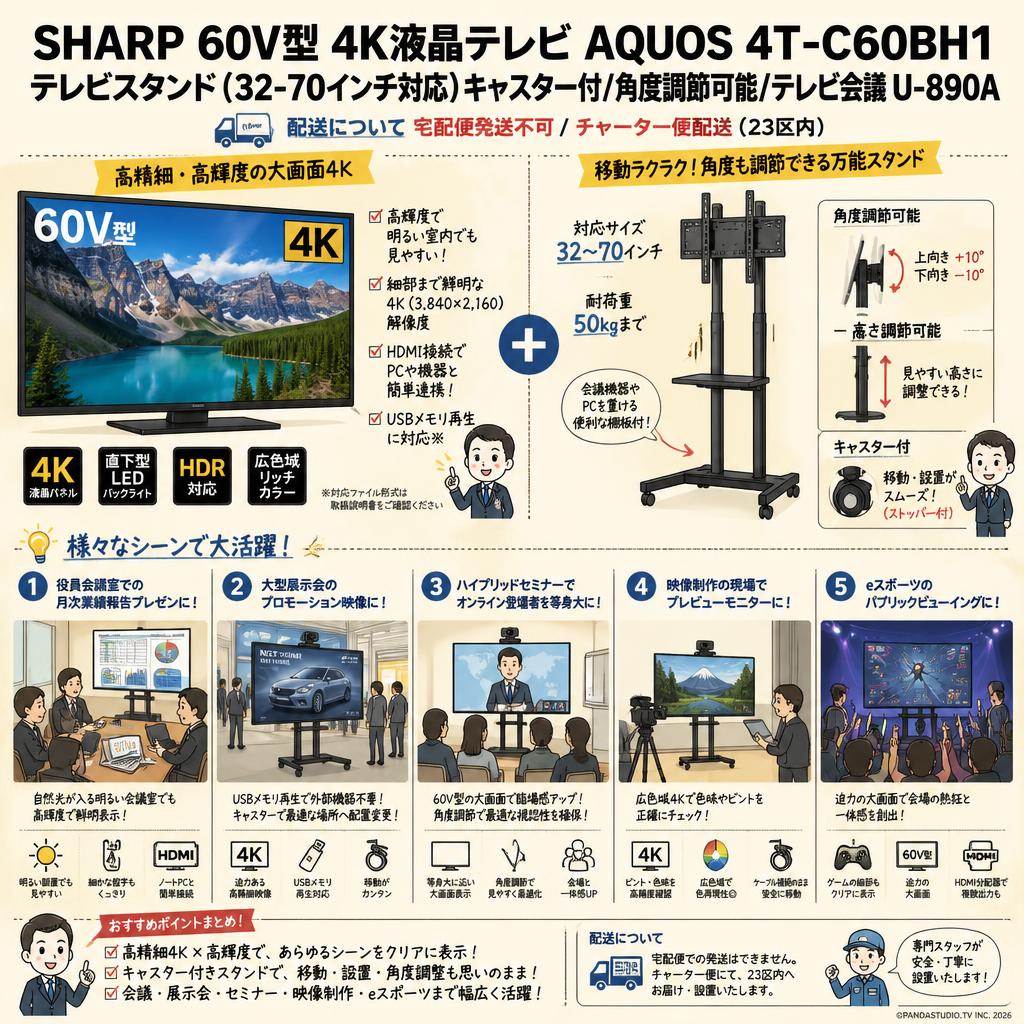 SHARP 60V型 4K液晶テレビ AQUOS 4T-C60BH1 /  テレビスタンド（32-70インチ対応）キャスター付/角度調節可能/テレビ会議 U-890A【宅配便発送不可/チャーター便配送（23区内）】 用途