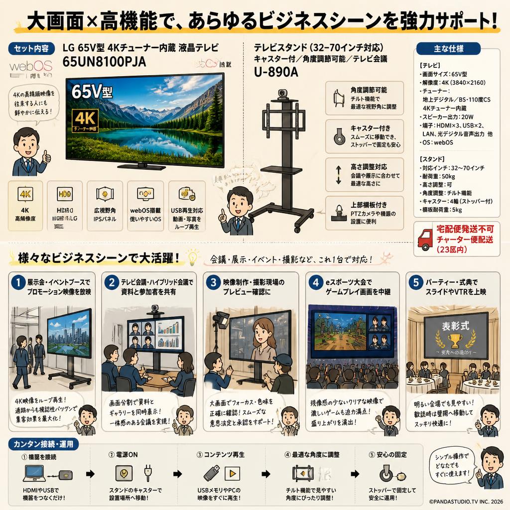 LG 65V型 4Kチューナー内蔵 液晶テレビ 65UN8100PJA / テレビスタンド（32-70インチ対応）キャスター付/角度調節可能/テレビ会議 U-890A【宅配便発送不可/チャーター便配送（23区内）】 用途