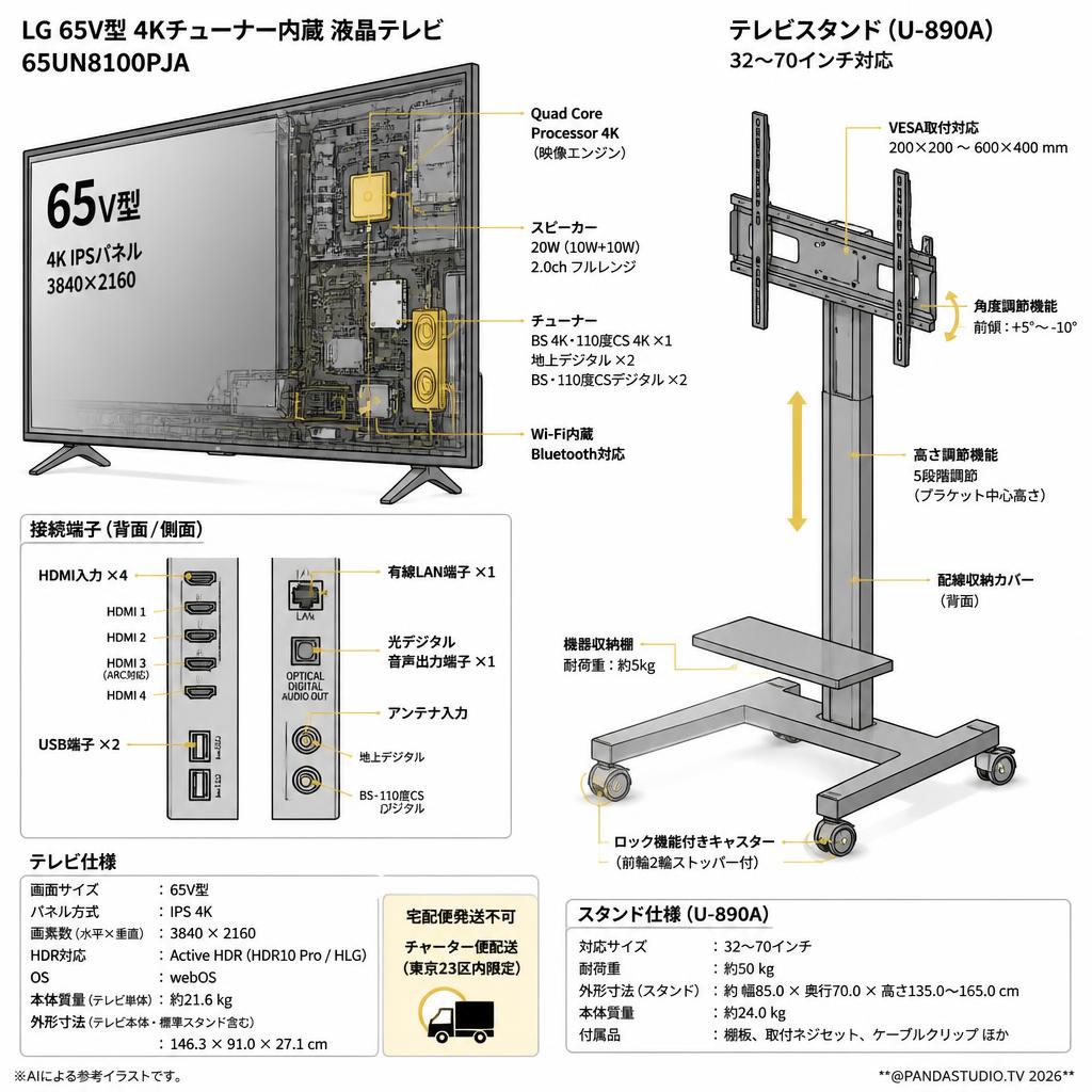 LG 65V型 4Kチューナー内蔵 液晶テレビ 65UN8100PJA / テレビスタンド（32-70インチ対応）キャスター付/角度調節可能/テレビ会議 U-890A【宅配便発送不可/チャーター便配送（23区内）】 スペック