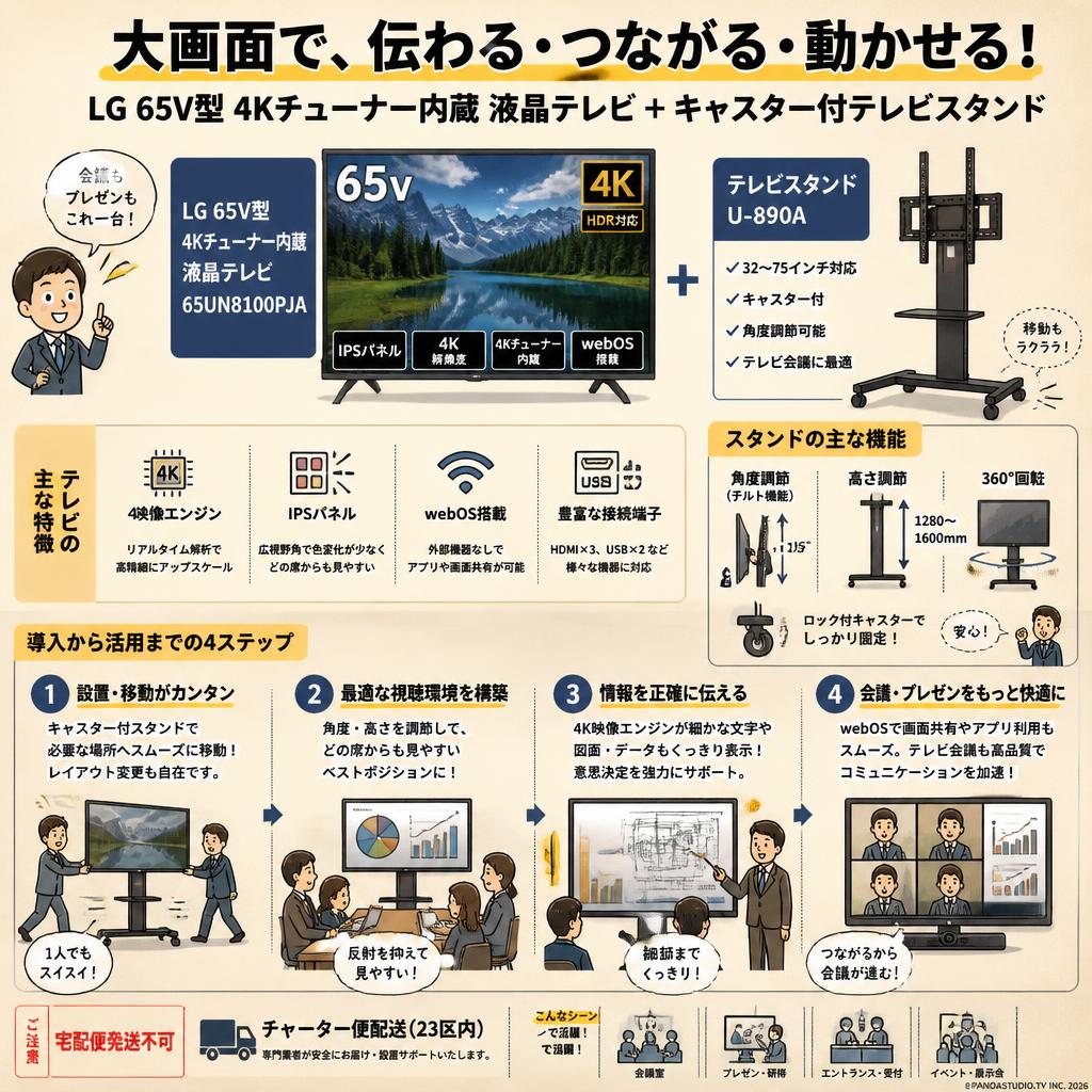 LG 65V型 4Kチューナー内蔵 液晶テレビ 65UN8100PJA / テレビスタンド（32-75インチ対応）キャスター付/角度調節可能/テレビ会議 U-890A【宅配便発送不可/チャーター便配送（23区内）】 概要