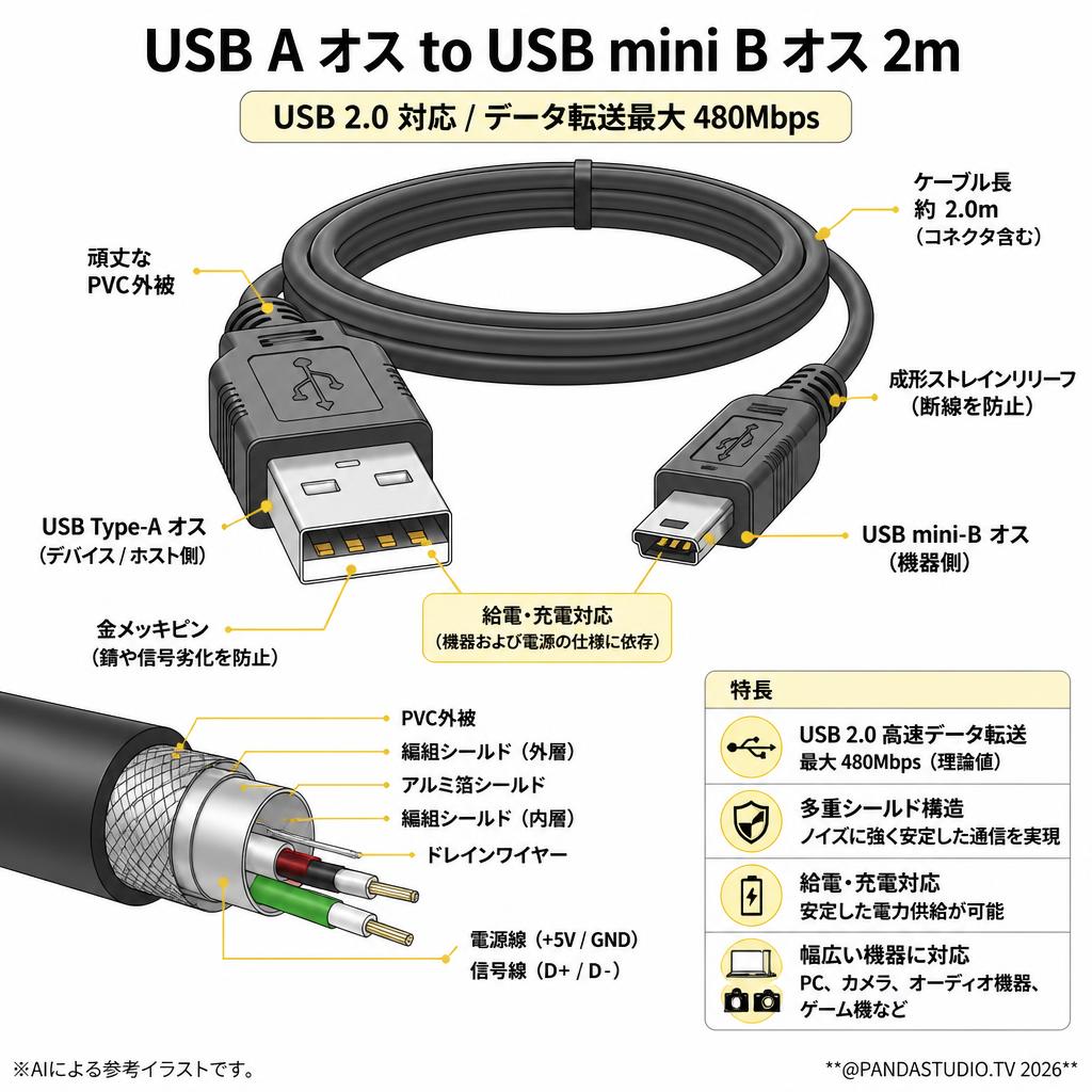 USB A オス to USB mini B オス 2m スペック