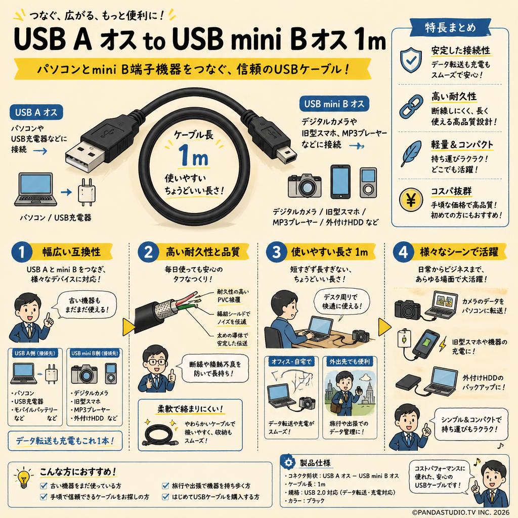 USB A オス to USB mini B オス 1m 概要