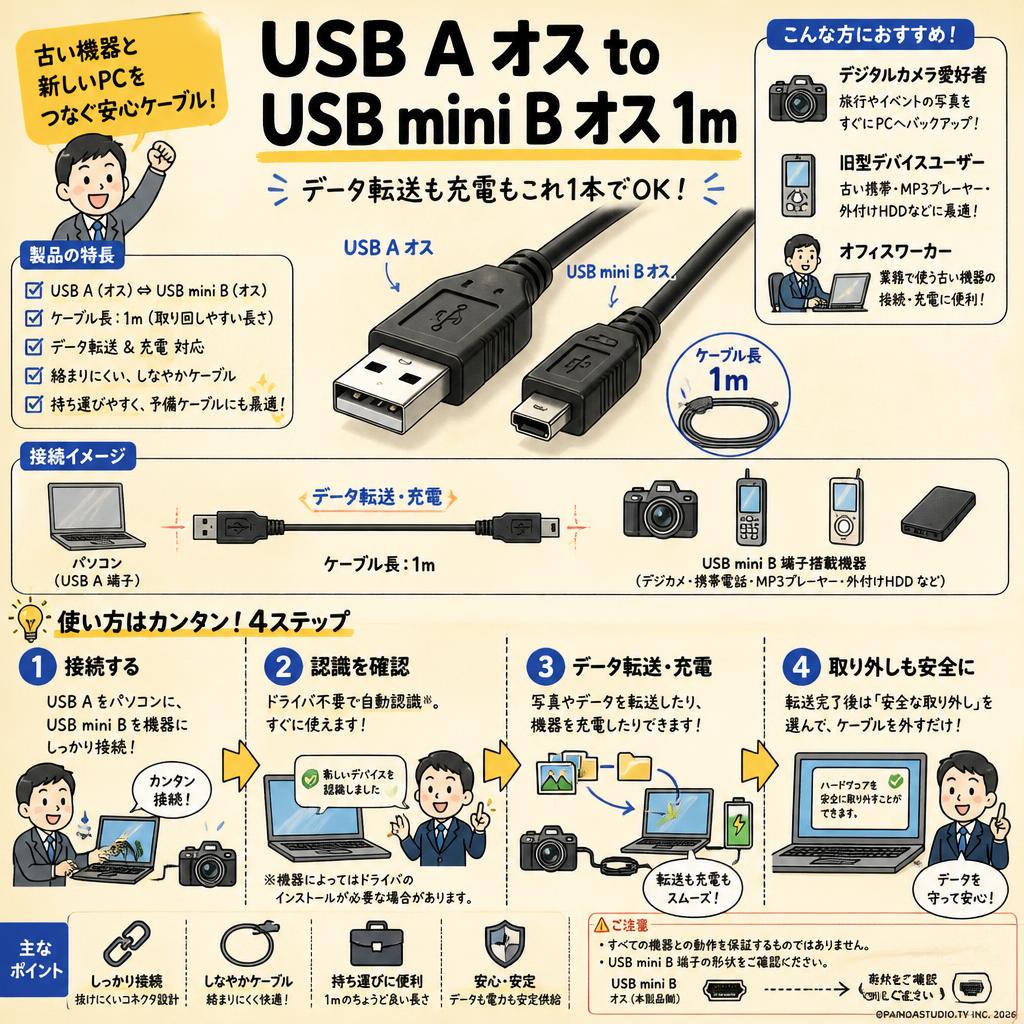 USB A オス to USB mini B オス 1m おもな対象のお客様