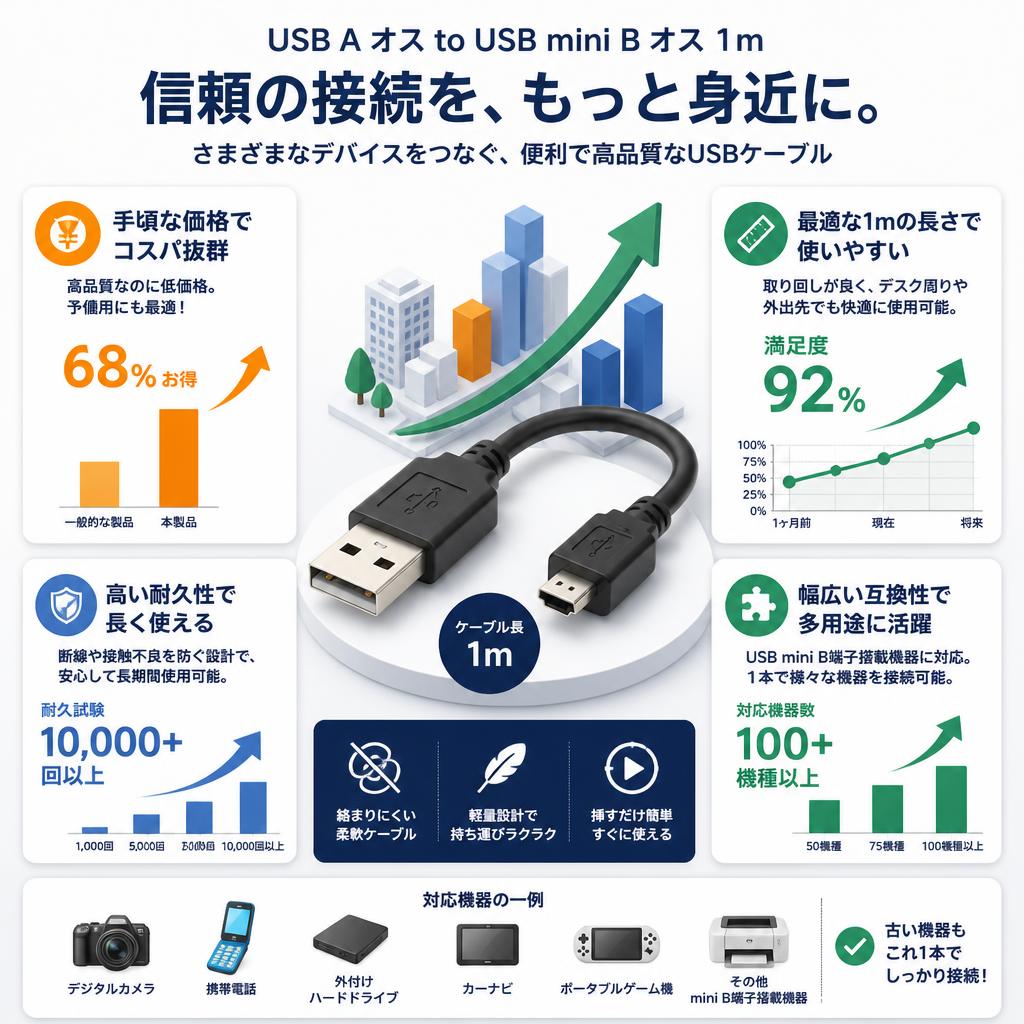 USB A オス to USB mini B オス 1m セールスポイント