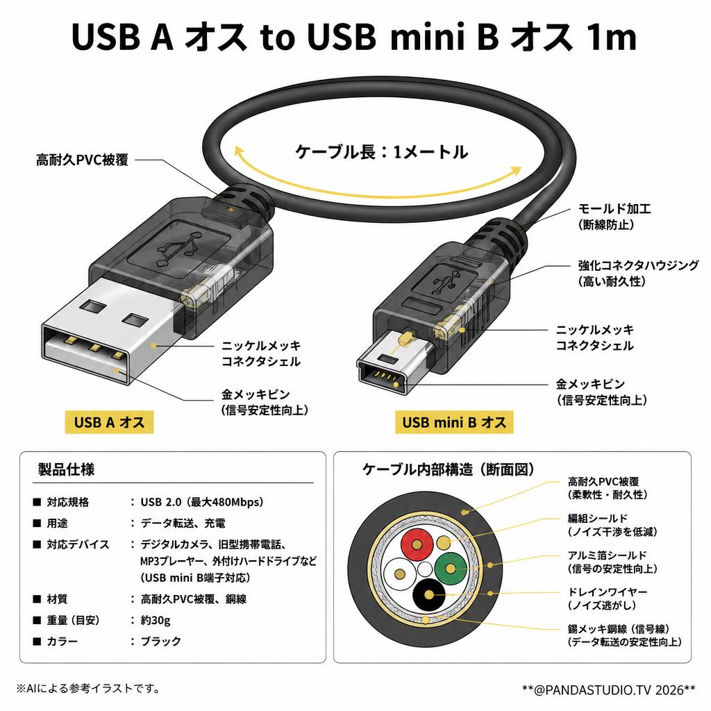 USB A オス to USB mini B オス 1m スペック