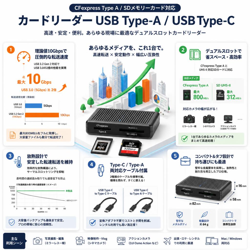 CFexpress Type A SDメモリーカード対応 カードリーダー USB Type-A / USB Type-C セールスポイント