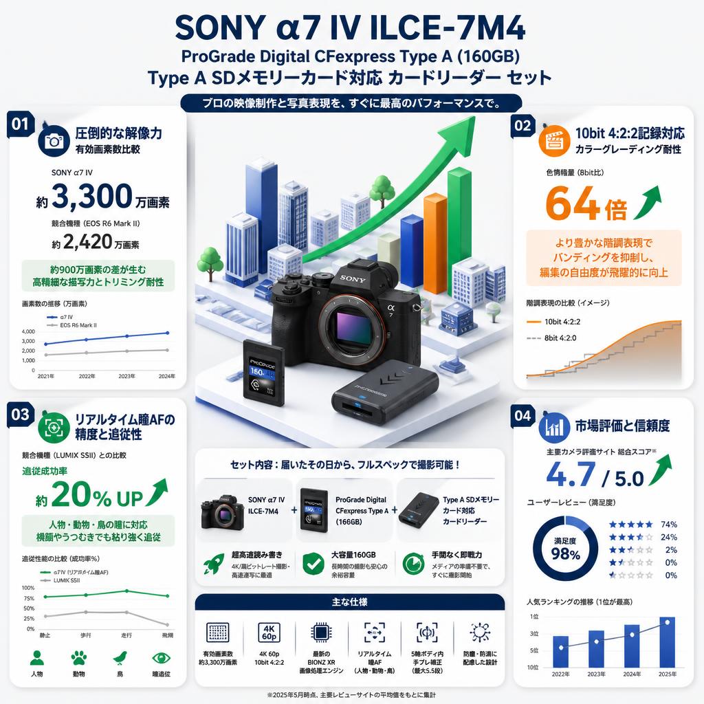 SONY α7 IV ILCE-7M4 / ProGrade Digital CFexpressType A (160GB) / Type A SDメモリーカード対応 カードリーダー セット セールスポイント