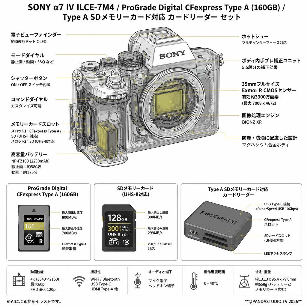 SONY α7 IV ILCE-7M4 / ProGrade Digital CFexpressType A (160GB) / Type A SDメモリーカード対応 カードリーダー セット スペック