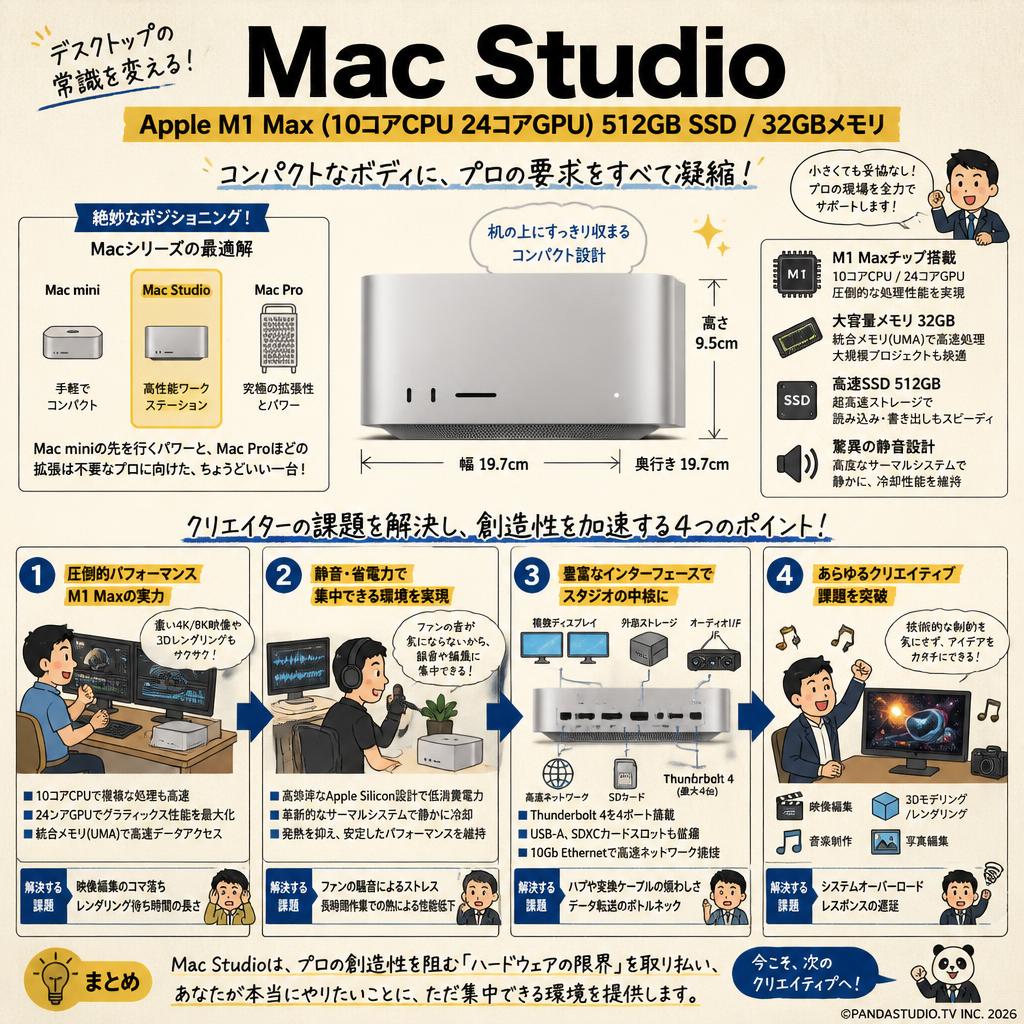 Mac Studio Apple M1 Max(10コアCPU 24コアGPU)512GB SSD / 32GBメモリ 概要